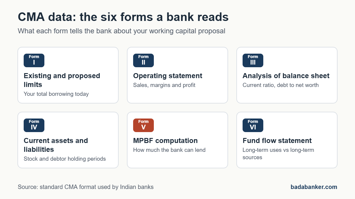 CMA data format: the six forms of CMA, from Form I existing and proposed limits to Form VI fund flow statement